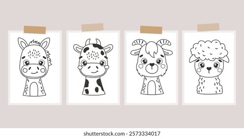 Cute Animal Faces Coloring material, farm animals set, outline vector