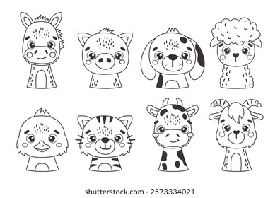 Cute Animal Faces Coloring material, farm animals set, outline vector