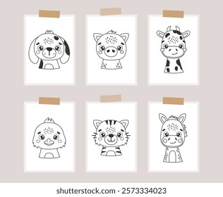 Cute Animal Faces Coloring material, farm animals set, outline vector