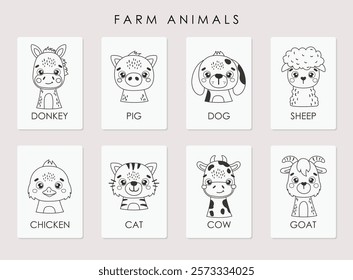 Cute Animal Faces Coloring material, farm animals set, outline vector