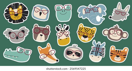 Cute animal faces with cool glasses. Funny wild animal characters. Hand drawn animals for greeting cards, children's clothes and posters.