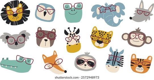 Cute animal faces with cool glasses. Funny wild animal characters for cards, posters and stickers.