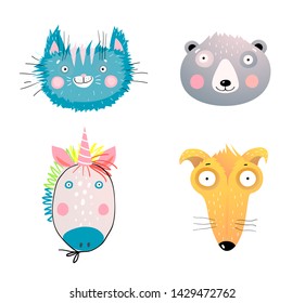 Cute animal faces flat vector illustrations set. Domestic and wild animal faces illustrations set. Charming pets facial expressions. Adorable kitten, grizzly, panda bear heads. Surprised dog, puppy.