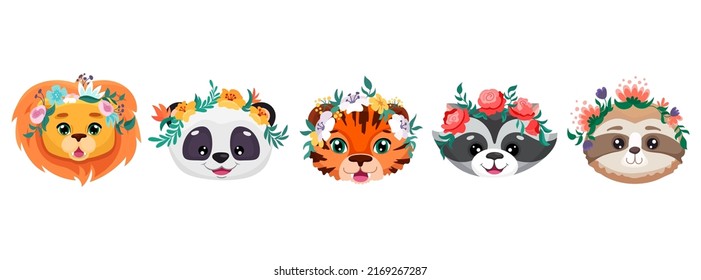Cute animal faces and flower crowns  Vector cartoon illustrations for nursery design  birthday greeting cards  baby shower posters   children print textile  Lion panda tiger racoon sloth 