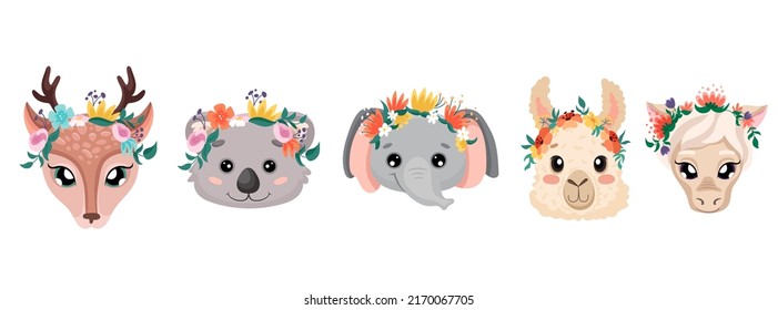 Cute animal faces with flower crowns. Vector cartoon illustrations for nursery design, birthday greeting cards, baby shower posters and children print textile. Deer elephant koala alpaca and horse