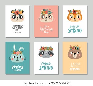 cute animal faces in flower wreaths. spring inhabitants of forest, funny cartoon fauna portraits, panda, hare, raccoon heads, vector set