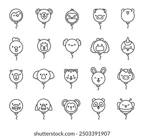 Cute animal faces in the form of balloons. Coloring Page. Funny cartoon characters for a festive mood. Hand drawn style. Vector drawing. Collection of design elements.