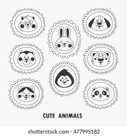 Cute animal faces in frames including panda, dog, cat, bear, rabbit, penguin, hamster and leopard isolated on white background. Collection of linear stamps with cartoon animals. Vector illustration.