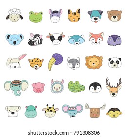 Cute animal faces funny doodle vector illustrations set