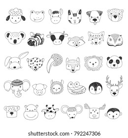 Cute animal faces funny doodle vector illustrations set