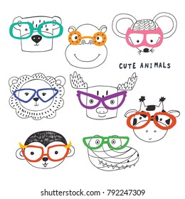 Cute animal faces funny doodle vector illustrations set
