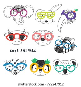 Cute animal faces funny doodle vector illustrations set
