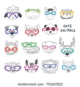 Cute animal faces funny doodle vector illustrations set
