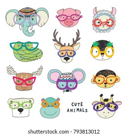 Cute animal faces funny doodle vector illustrations set
