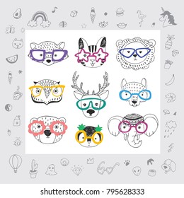 Cute animal faces funny doodle vector illustrations set
