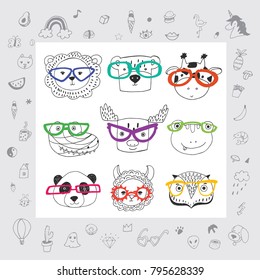 Cute animal faces funny doodle vector illustrations set

