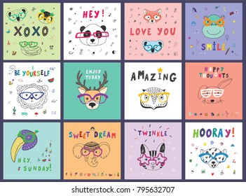 Cute animal faces funny doodle vector illustrations set