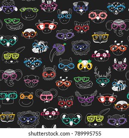 Cute animal faces with funny glasses doodle vector seamless pattern