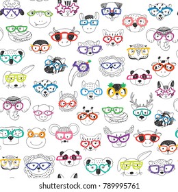 Cute animal faces with funny glasses doodle vector seamless pattern