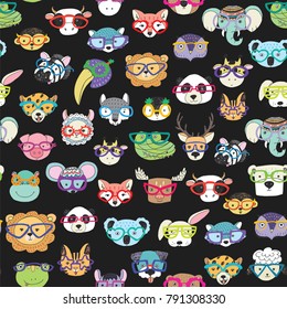 Cute animal faces with funny glasses doodle vector seamless pattern