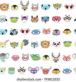 Cute animal faces with funny glasses doodle vector seamless pattern