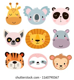 Cute animal faces. Hand drawn characters. Vector illustration.