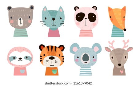 Cute animal faces. Hand drawn characters. Vector illustration.