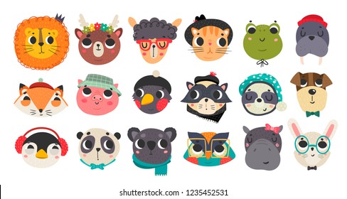 Cute Animal Faces. Hand Drawn Colored Avatars. Big Vector Set. All Elements Are Isolated