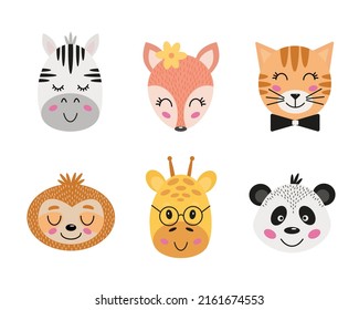 Cute animal faces. Hand drawn characters. Vector illustration.