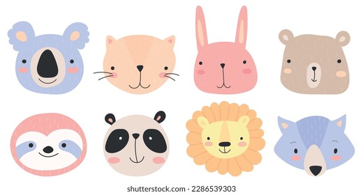 Cute animal faces. Hand drawn character. Vector illustration. Cat, bear, lion, panda, sloth, koala, bunny, wolf.