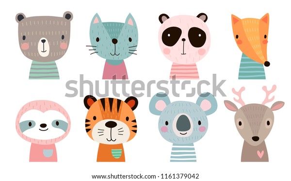 Cute animal faces. Hand drawn characters.\
Vector illustration.