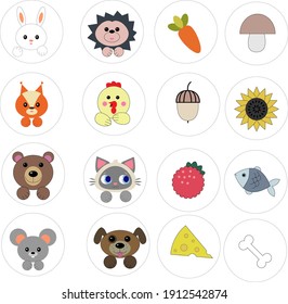 cute animal faces hare, hedgehog, bear, chicken, cat, squirrel, mouse, dog