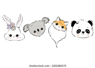 Cute Animal Faces. Head Of A Cat, Bunny, Panda, Koala.