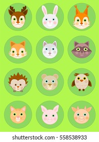 Cute animal faces icon, animal head vector, cartoon icon set