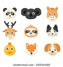 cute animal faces icon set isolated on white background. vector Illustration.