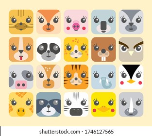 Cute animal faces icons big set.