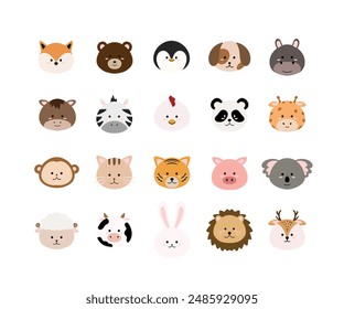 Cute Animal Faces Icons Set. Adorable and minimalist cartoon-style animal faces. Perfect for children’s designs, educational materials, and digital stickers.