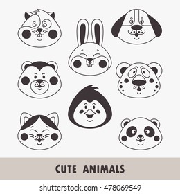 Cute animal faces including panda, dog, cat, bear, rabbit, penguin, hamster and leopard isolated on white background. Collection of linear stamps with cartoon animals. Vector illustration.
