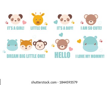 rostros animales lindos con inscripciones, ilustración vectorial de color sobre un fondo blanco