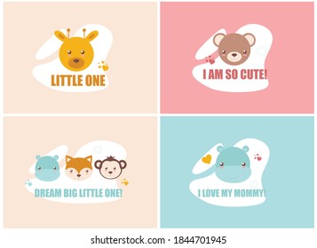 cute animal faces with lettering, colored vector set with baby cards