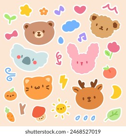 Cute Animal Faces and Nature Elements Sticker Set. Adorable sticker set features kawaii style animal faces and nature elements in a playful and colorful design.