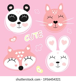 cute animal faces. panda, hare, fox, squirrel.