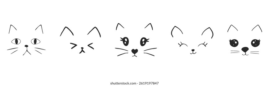 Cute animal faces, pet comic doodle with expressions. Set heads with delicious lick tongue, mouth, adorable emotions. Comic cartoon or kawaii fanny pet