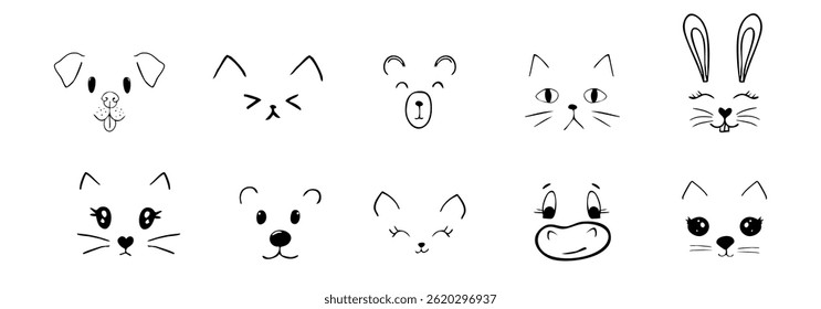 Cute animal faces, pet comic doodle with expressions. Set heads with delicious lick tongue, mouth, adorable emotions. Comic cartoon or kawaii fanny pet