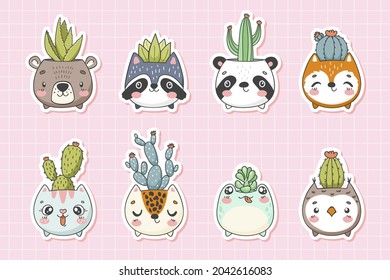 Cute Animal Faces Pots With Cacti. Funny Stickers Collection