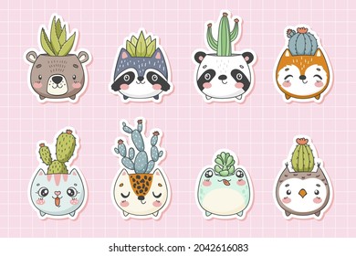 Cute animal faces pots with cacti. Funny stickers collection