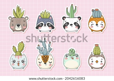 Cute animal faces pots with cacti. Funny stickers collection