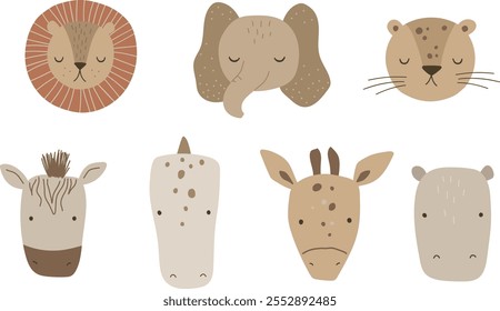 Animais bonitos enfrentam leão safári, elefante, leopardo, crocodilo, zebra, girafa, hipopótamo. Ilustração vetorial para design, impressão, padrão, isolado no fundo branco