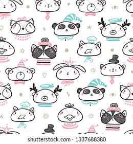 Cute Animal Faces Seamless pattern. Doodle Cartoon Animals and Birds. Vector Background for Kids