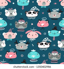 Cute Animal Faces Seamless pattern. Doodle Cartoon Animals and Birds. Vector Background for Kids